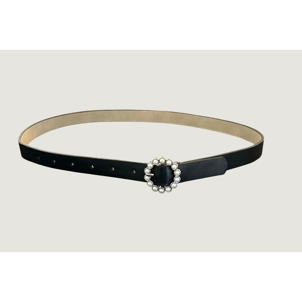 Set of 2 Skinny Belts Black Pearl Buckle and White Silver Tip Faux Leather Small
